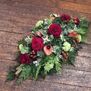 Funeral Flowers - Casket Spray in Orange Calla Lilies and Red Roses