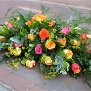 Funeral Flowers - Casket Spray In Orange, Pink and Yellow Roses