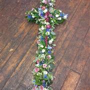 Funeral Flowers - The Pink Rose and Blue Delphinium Cross